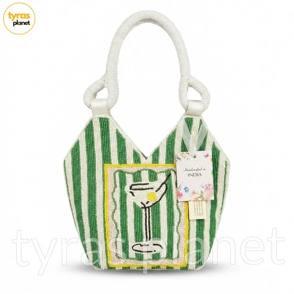 NWT Handcrafted in India Martini Beaded Bag Green & white Striped Tik Tok Viral - Picture 1 of 8